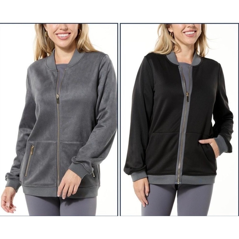 Joy Mangano CleanBoss Reversible Bomber Jacket Grey Black Faux Suede Large 82976